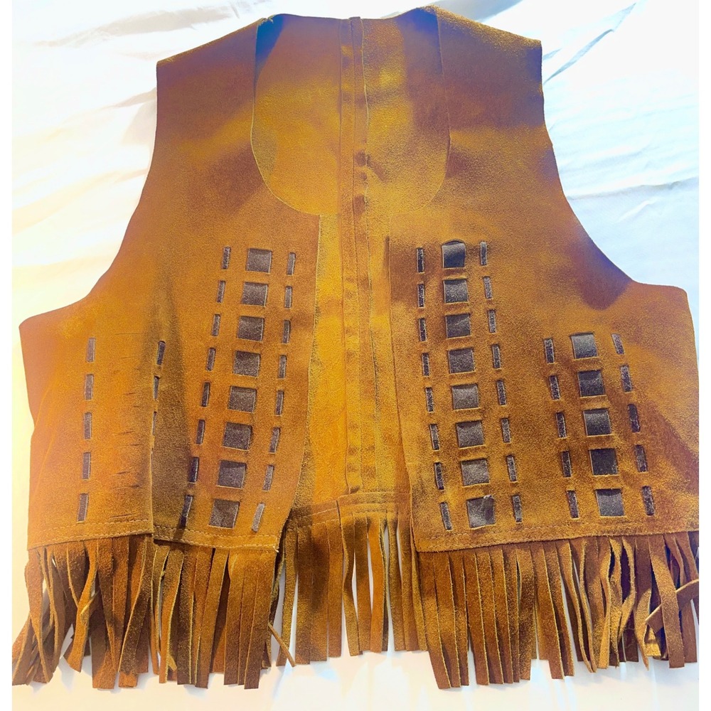 Suede Leather Fringe Vest Womens Laser Cut Western Boho Rust Brown Sleeveless